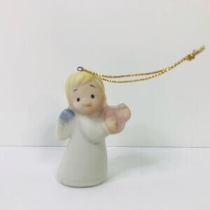 vintage homco‎ angel ornament blonde hair with harp blue wings 2 1/4 inches